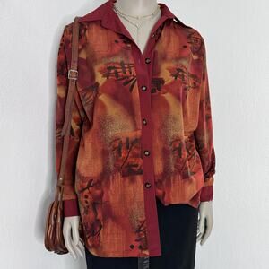 Vintage Abstract Blouse Button Shirt Art to Wear Red Statement Office Size 16